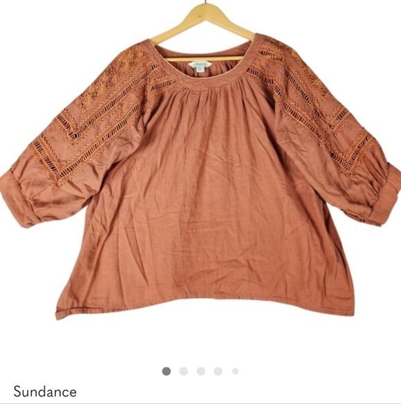 Sundance Crochet Embroidered Boho 3/4 Sleeve Top - Picture 1 of 7